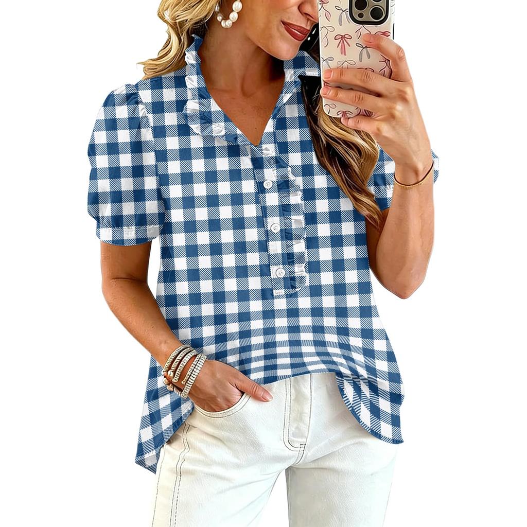 Blusa Informal de Moda para Mujer con Volantes, Cuello en V, Estampado a Cuadros, Manga Corta, Botones, Corte Holgado, para el Día a Día, Oficina