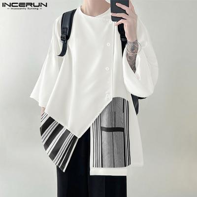 Men 3/4 Sleeve Splits Irregular Front Cross Striped  Stitching Casual T-Shirts Tops