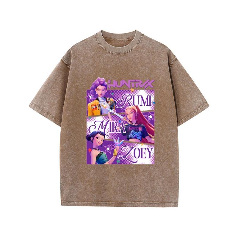 Street-style Women's Cotton Washed T-shirt, Popular Anime Printed Top, Loose O-neck Soft Short-sleeved Women's Clothing