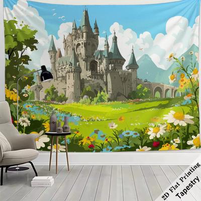 Riesige Fantasy-Burg Märchen Wandteppich Wandkunst Mittelalterliches Herrenhaus Druck Dekor Kulisse 180x280cm Skurriles Design