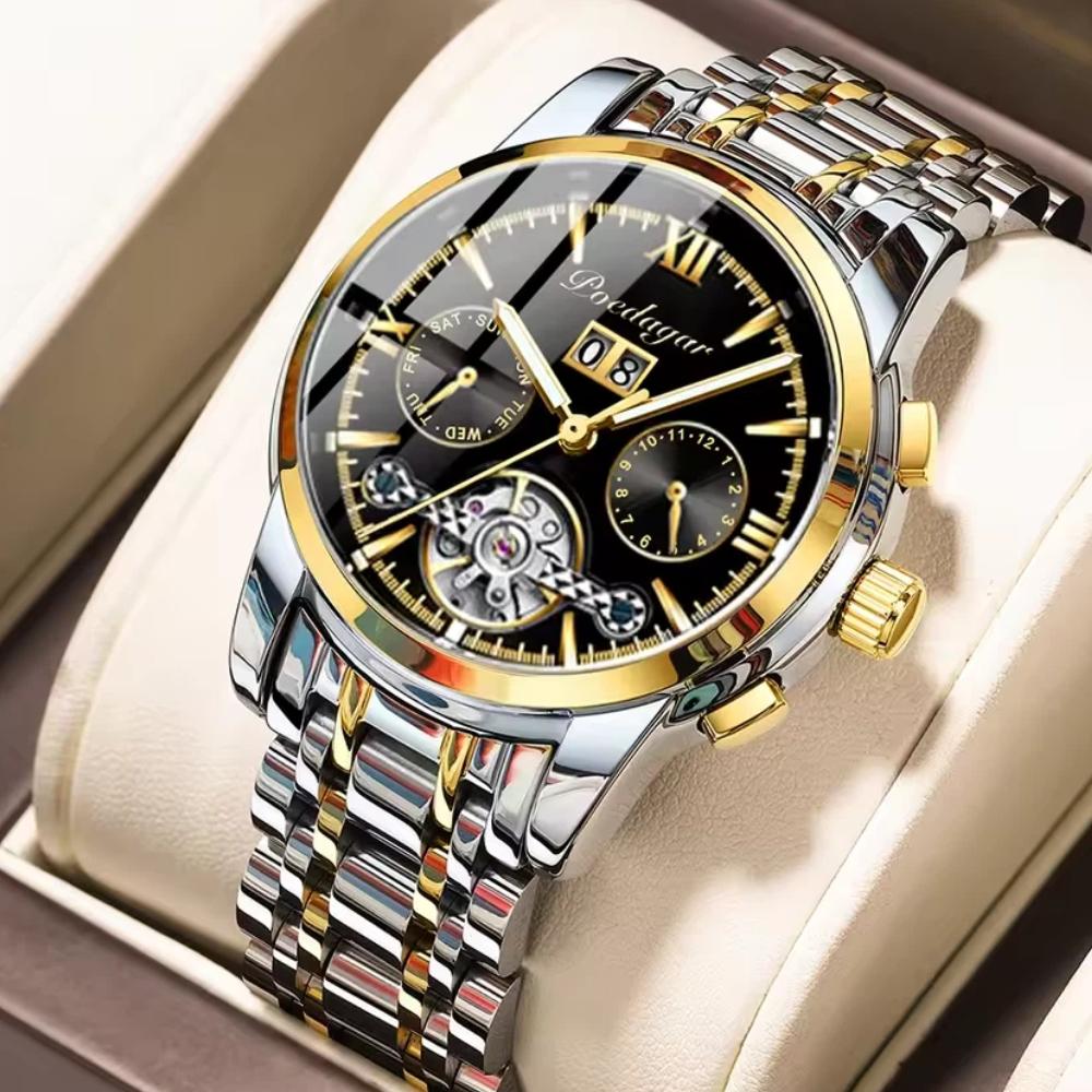 POEDAGAR Automatische mechanische Herrenarmbanduhr Hohl-Tourbillon Edelstahl-Uhr Wasserdicht Leuchtend Datum Uhren