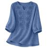 Blusa de Algodón y Lino para Mujer Bordada Floral Cuello en V Manga 3/4 Tops Casuales de Corte Holgado Camisas Tunica para Oficina Vacaciones Streetwear