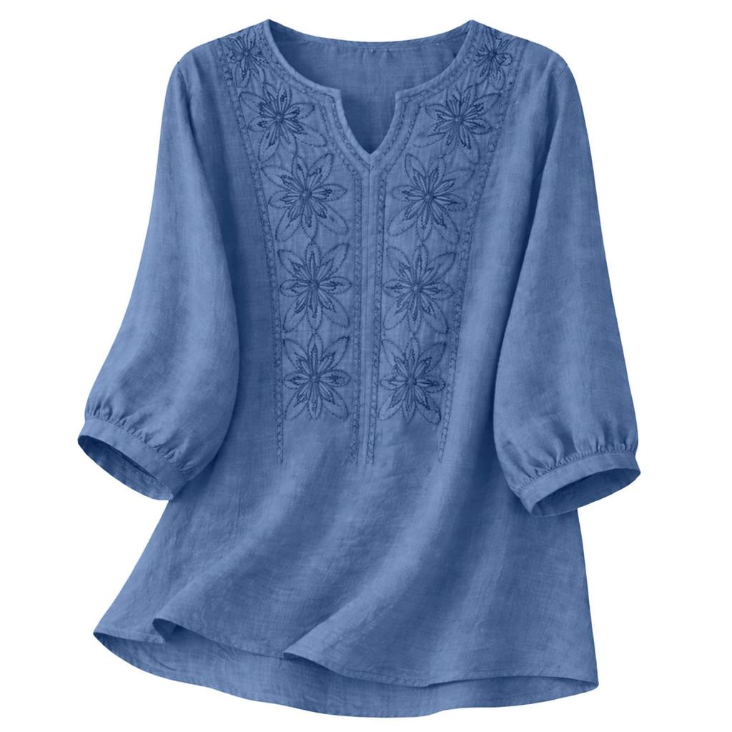 Blusa de Algodón y Lino para Mujer Bordada Floral Cuello en V Manga 3/4 Tops Casuales de Corte Holgado Camisas Tunica para Oficina Vacaciones Streetwear