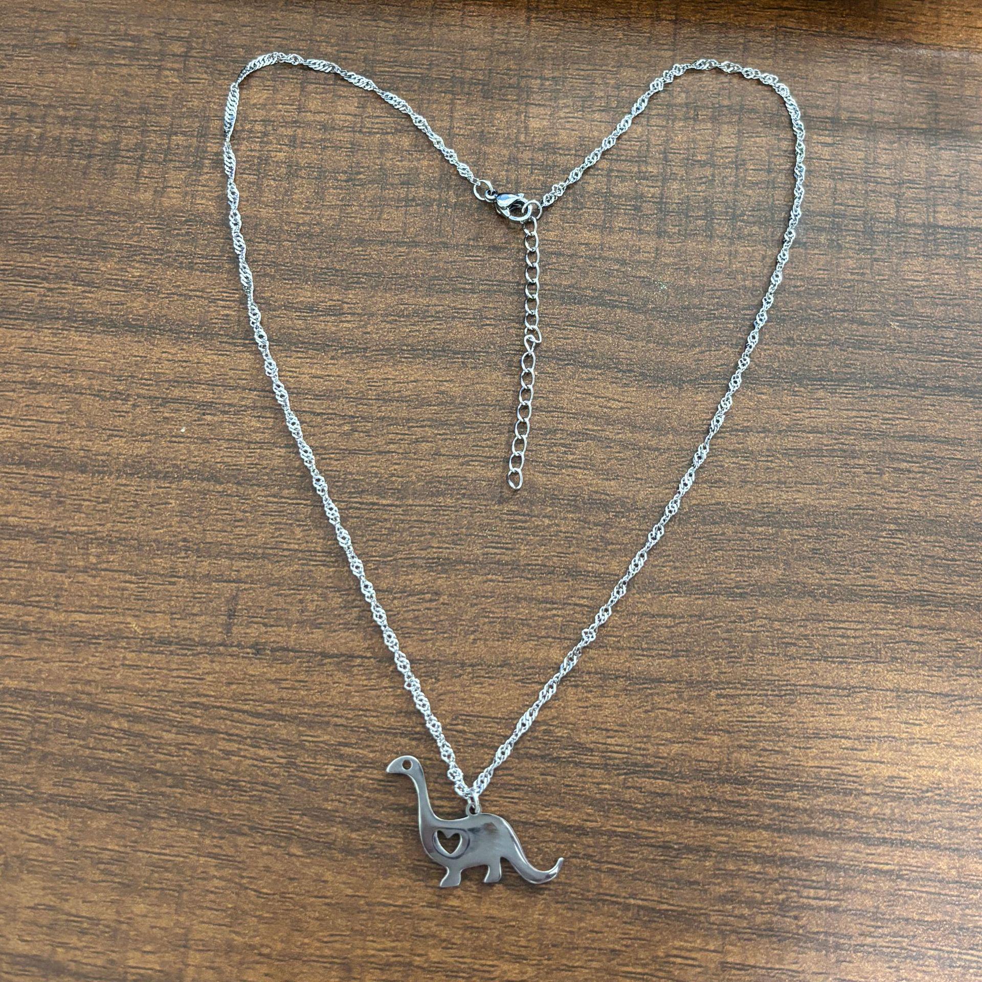 Нержавеющая сталь, Не выцветающая, Милый кулон-динозавр и сердце, Ожерелье для детей