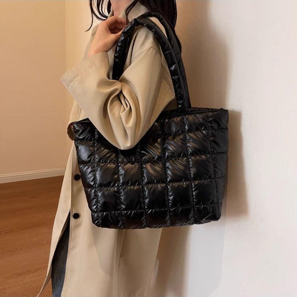 Checkered Down Cotton Shoulder Bag Korean Style Puffy Bag Cotton-padded Tote Bag  Office Worker