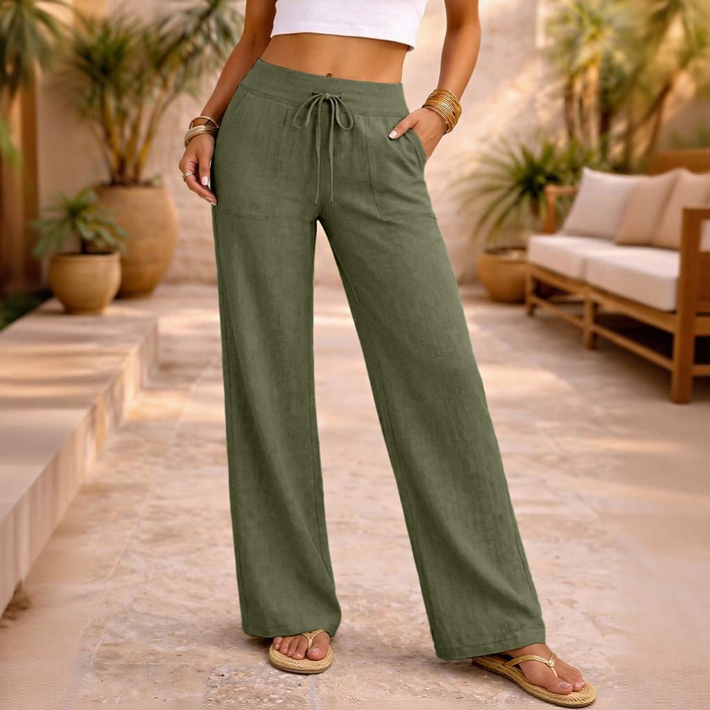 Women Casual Loose Fit High Waist Drawstring Straight Leg Wide Leg Pants Lightweight Relaxed Trousers for Daily Wear