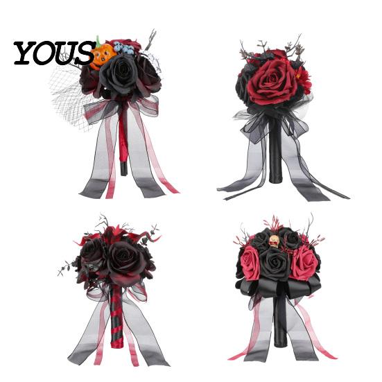 Dead Branch Floral Decor Gothic Wedding Bride Bouquet, Artificial Black Red Rose Flower Bouquet Faux Arrangement with Skeleton Hand Pumpkin Skull for