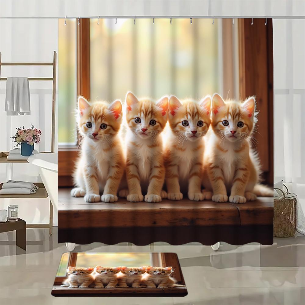 4Pcs Cute Orange Cat Print Shower Curtain Set with Non-Slip Bath Mat, Toilet Lid Cover, Contour Rug & 12 Hooks, Bathroom Decor