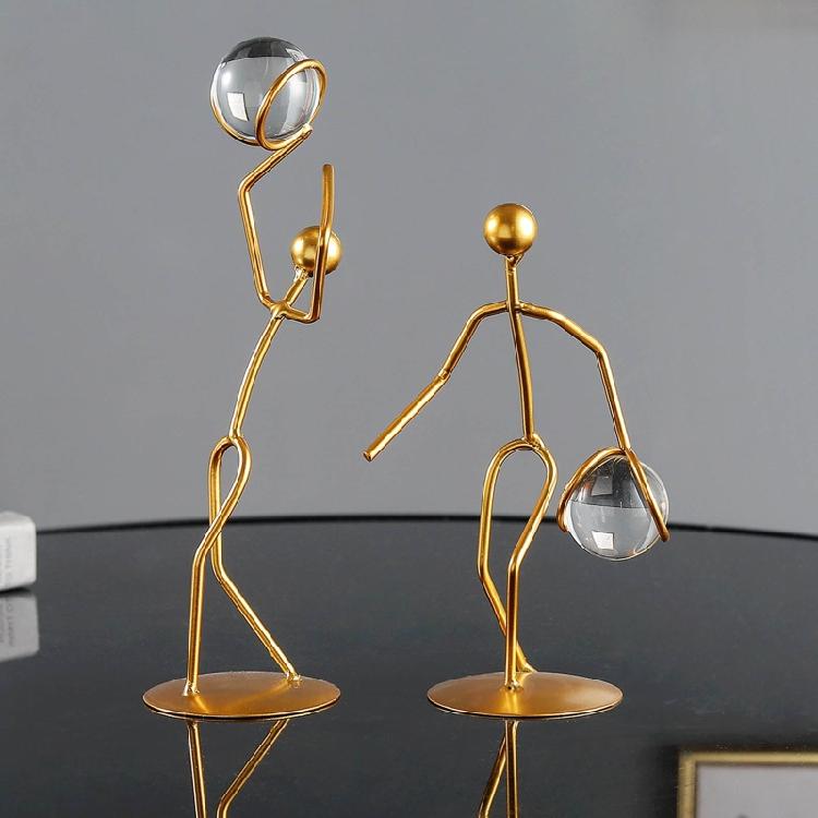 Athlete Crystal Ball Figurine Iron Gold Desktop Ornament Bedroom Living Room
