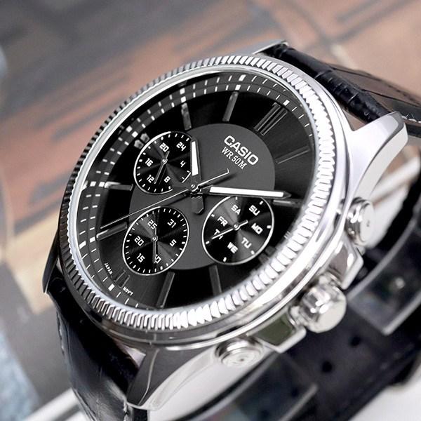 Casio Round Fluted Bezel Silver Black Men's Fashion Leather Wristwatch