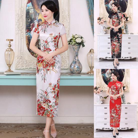 Lady Petticoats Plus Size Women Chinese Short Sleeve Floral Print Brocade Cheongsam Banquet Midi Dress