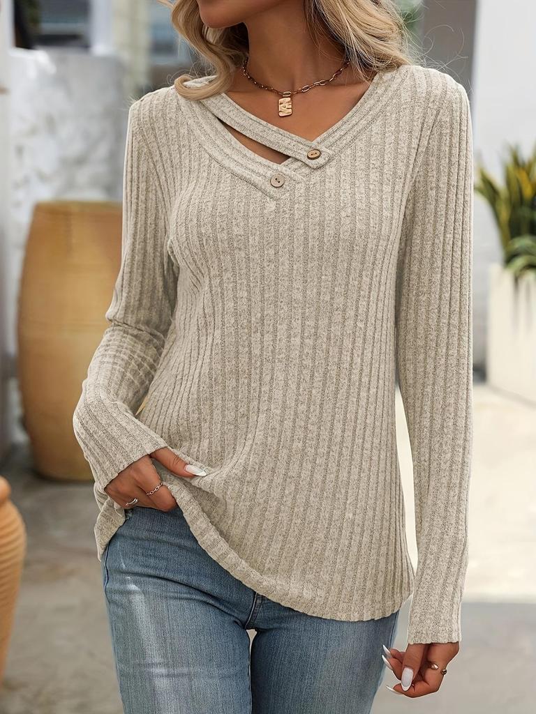 Autumn/Winter Women's V-Neck Button T-Shirt