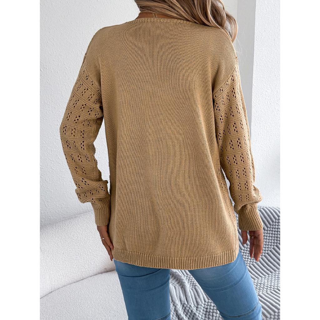 QICED Autumn and Winter Solid-color Hollowed-out Lantern Long-sleeved Cardigan Sweater Mid-length Coat Women's Wear
