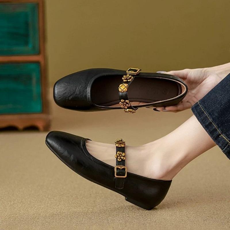 Soft sheepskin retro Mary Jane shoes women's spring and summer new shallow single shoes flat bottom one-word buckle small leather shoes