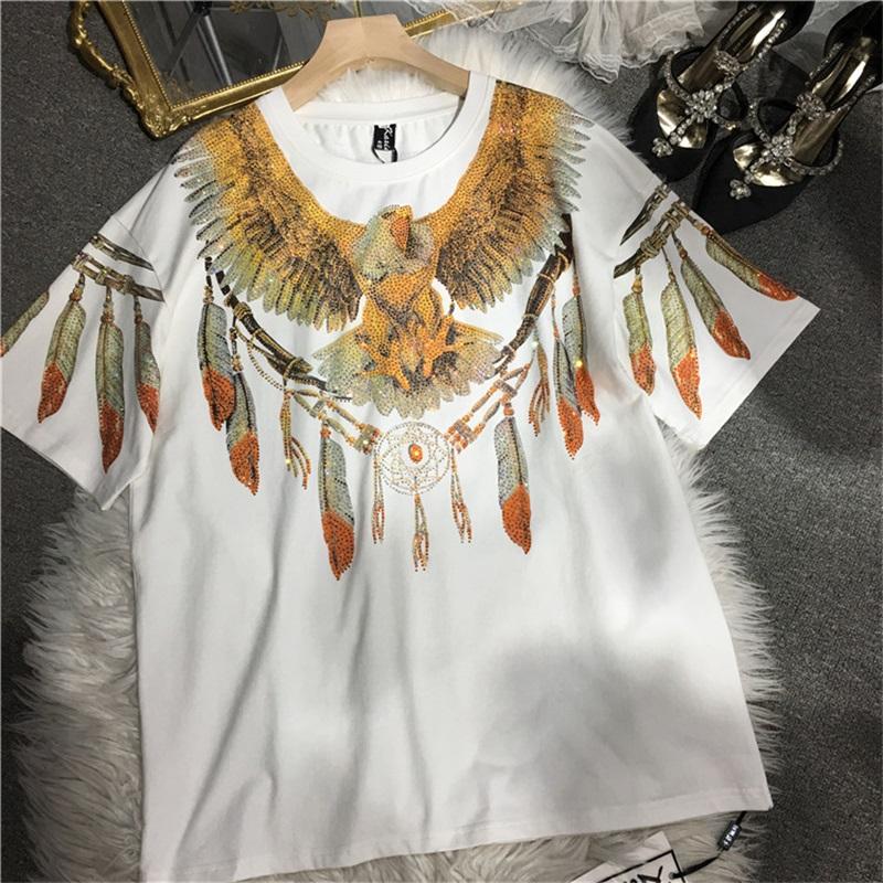 

Heavy Duty Rhinestone Eagle Feather T-Shirt Oversized Couple Tee XXXL білий