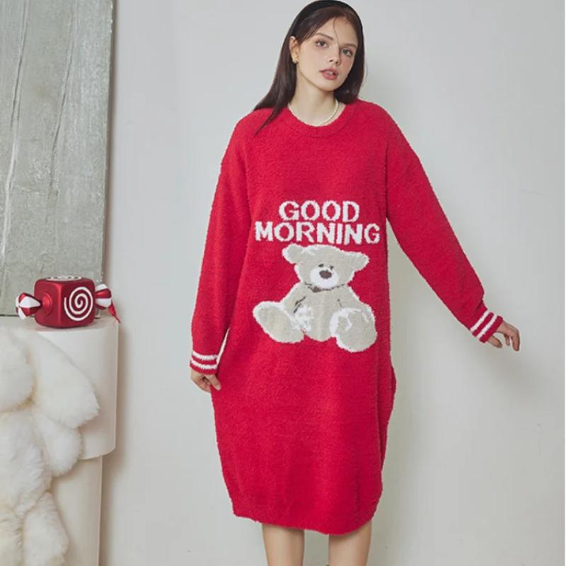 Autumn and Winter New Soft Cartoon Half-side Fleece Pullover Home Clothes Women's Round Neck Loose Outer-wearing Pajamas