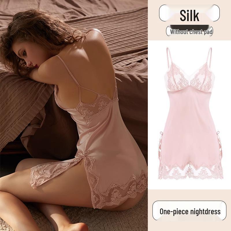 

Женская кружевная ночная сорочка-майка из ледяного шелка 2024 - Большой размер, стиль Pure Desire, сексуальная летняя пижама Medium