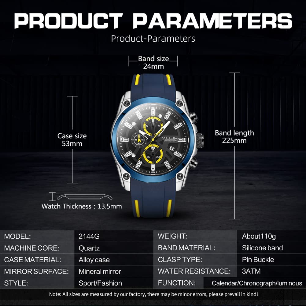 MEGIR Men's Sports Watch, Fashion Chronograph, Waterproof Quartz Movement, Casual Date Wristwatch with Silicone Strap, Blue Yellow, 2021.