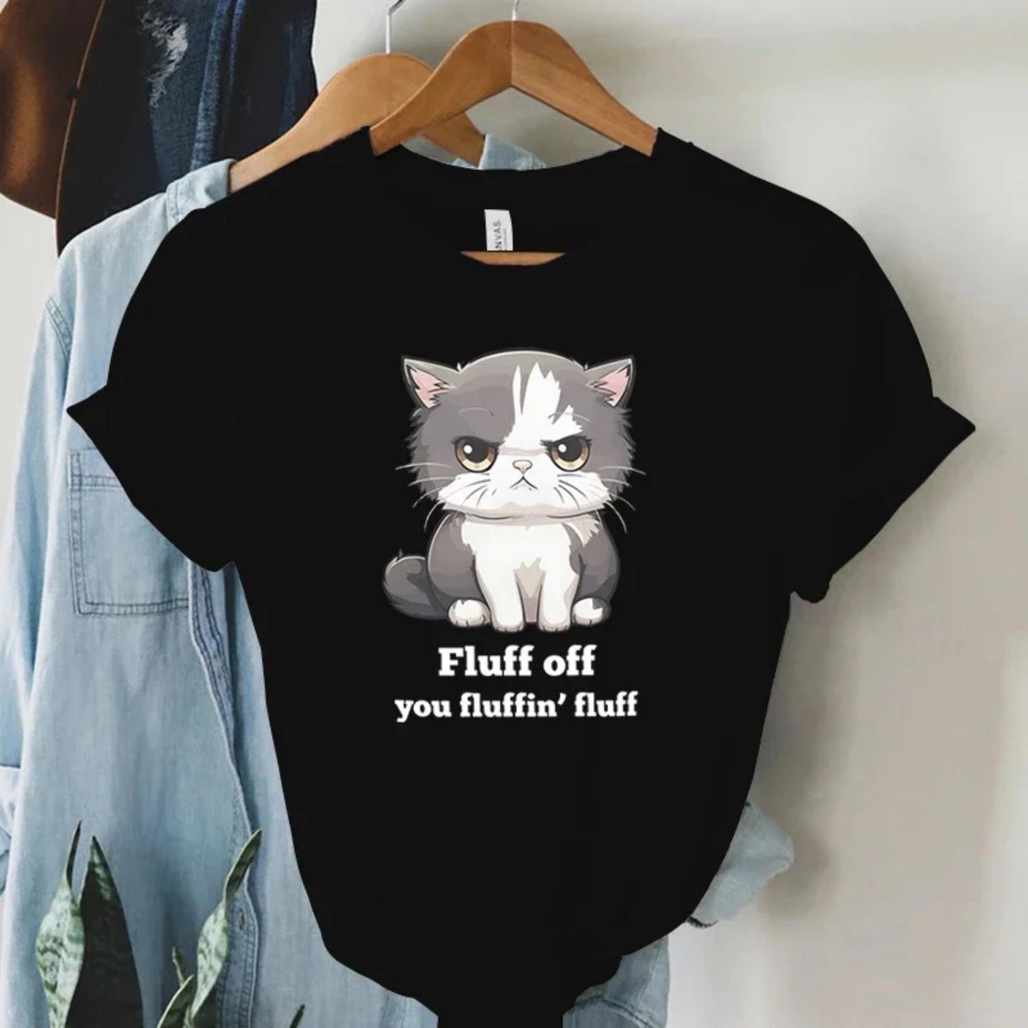 

Women Animal Short Sleeve Tshirt Cat Fluff Off Fashion Woman T-shirt Fuuny Cats Youthful Woman Clothes Fluff Off Graphic T-Shirt S чёрный