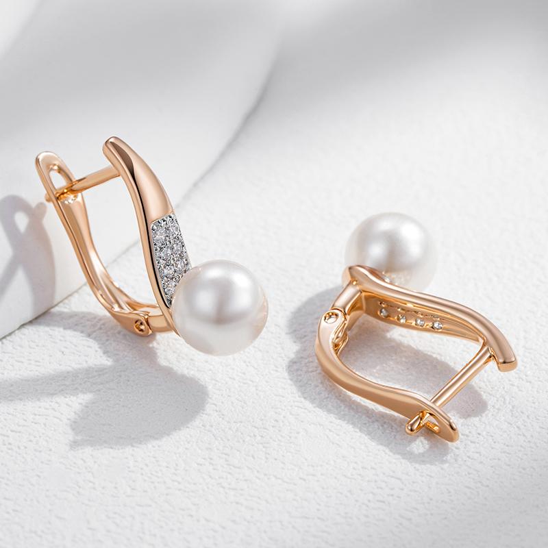 Fashion Pearl Long Drop Earrings For Women  Rose Gold  Color Mix With White Natural Zircon Daily Fine Jewelry