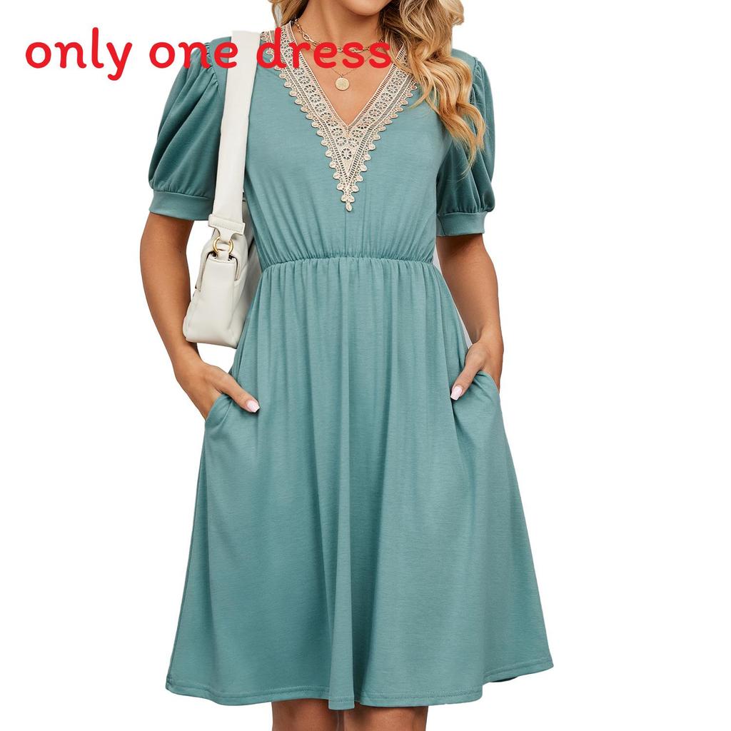 Städtisches Stilkleid mit Taschen und V-Ausschnitt für den Frühling, Freizeitkleidung