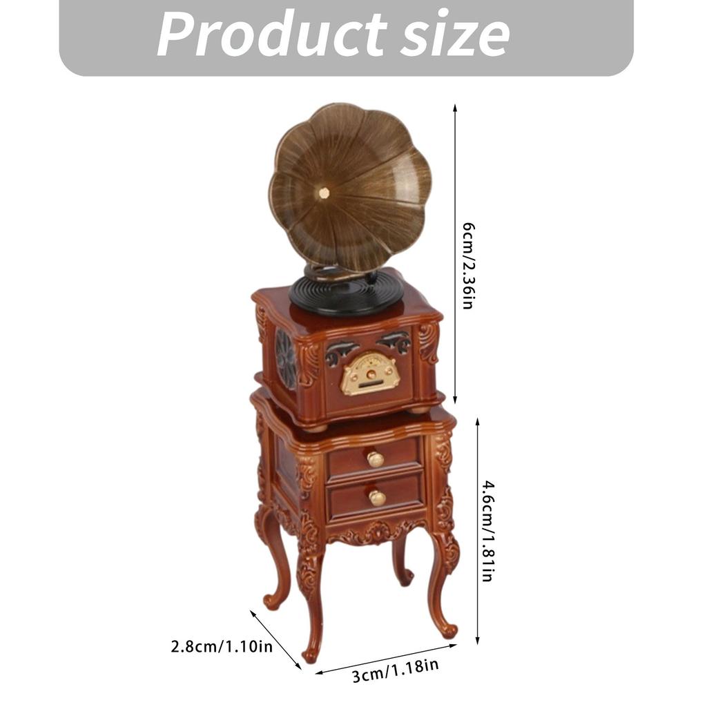 Playable Wood Phonograph Figurine European Styles 1/12 Scale Gramophone Model For Doll House Decoration Collection