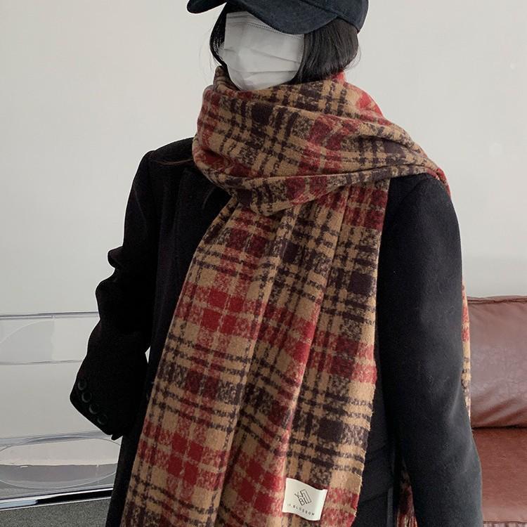 Pink retro plaid imitation cashmere scarf women's winter new high-end warm thickened scarf versatile and trendy