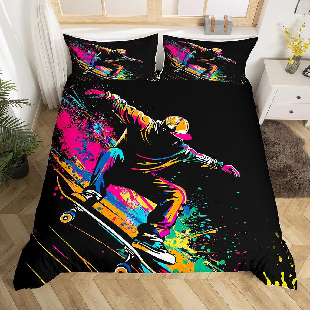 Tinédzserek gördeszka paplanhuzat Fiúk Hipster graffitistílusú paplanhuzatok Gyerekek extrém sporttémájú Hűvös gördeszkás ágynemű garnitúra