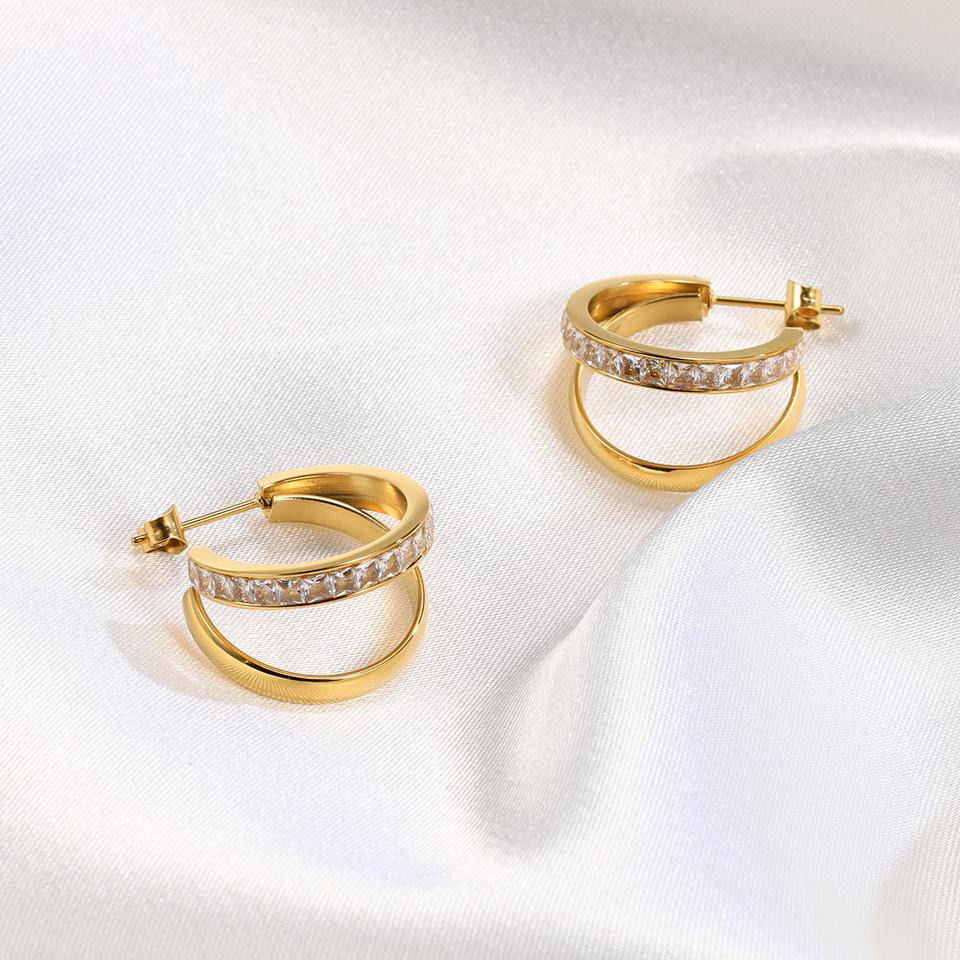 Titanium Steel 18k Gold with Drill Earrings, Foreign Trade Stainless Steel Double Ring Full Drill Earrings Direct Sales