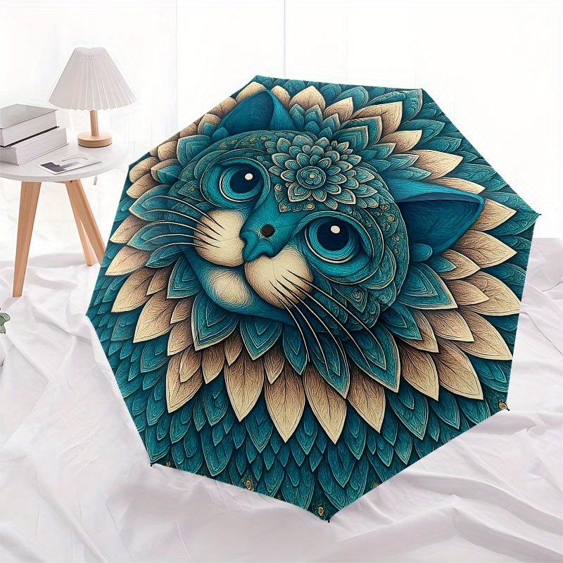 Floral Mandala Cat Wall Art Decor Umbrella, Portable 3-Fold Compact Umbrella for Men & Women R153