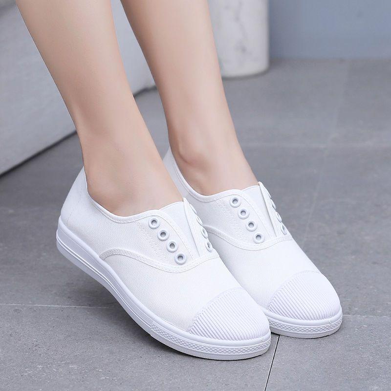 Women Fashion Light Weight Spring Slip On Anti Skid Canvas Flat Shoes Lady Casual Student School White Shoes Ab471