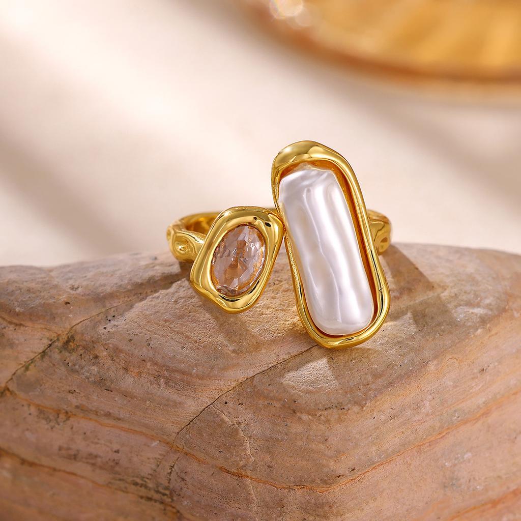 Exquisite Irregular Imitation Pearl Rings for Women Vintage Stainless Steel Zircon Open Rings Wedding Party Jewelry Gifts