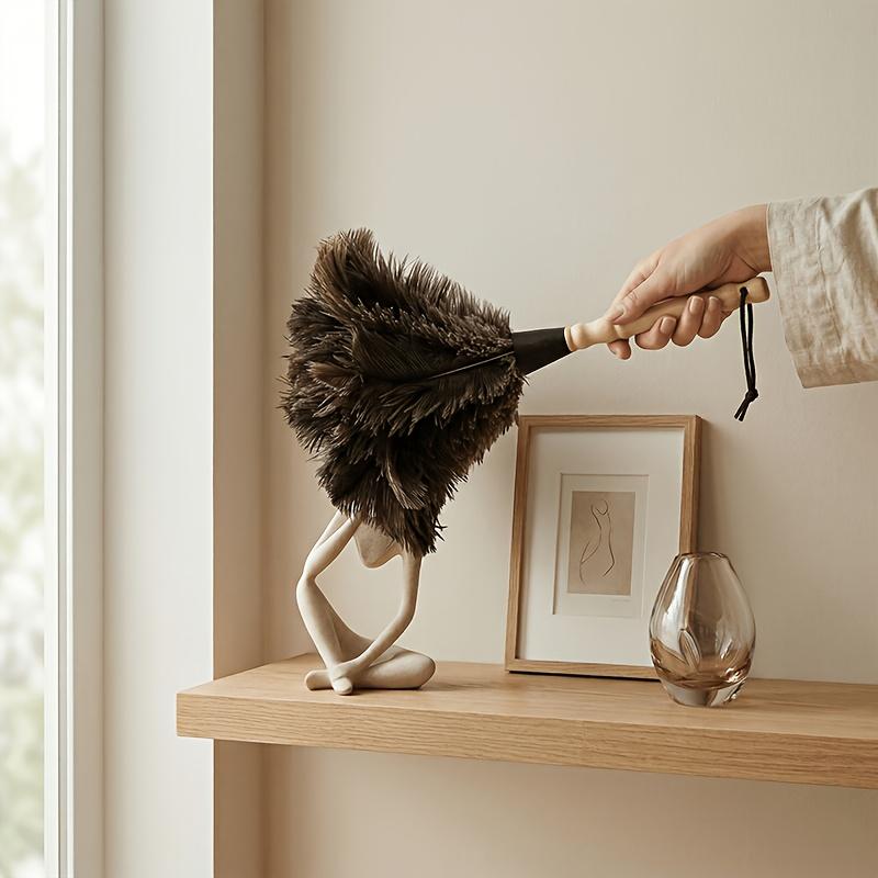 Feather Duster Wooden Handle Duster Anti-Static Dust Removal Dusters Ostrich Duster Feather Fur Brush For Home Cleaning Tools