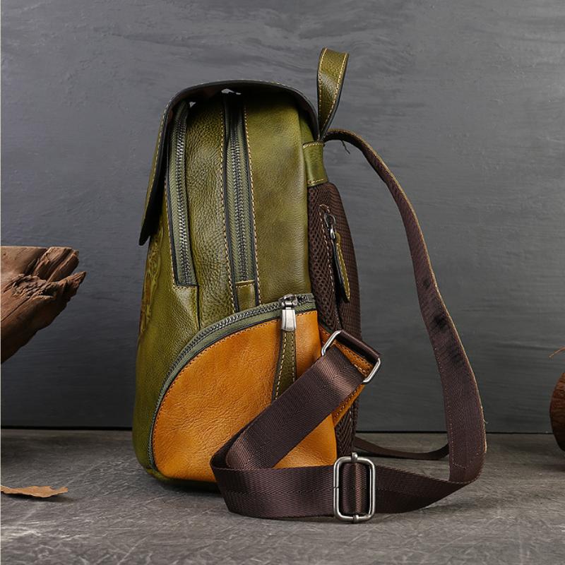 Johnature Retro Handmade Totem Embossed Genuine Leather Backpack Women Bag Large Capacity Cowhide Bagpack Travel Bags