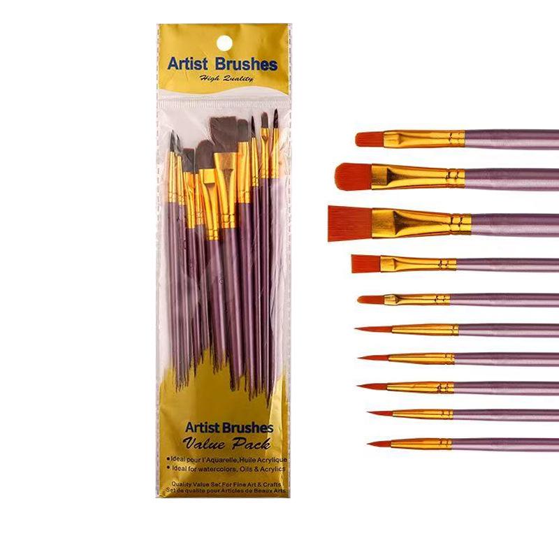 10-Piece Nylon Hair Paint Brush Set with Pearlescent Handles for Oil, Acrylic, Watercolor, and Gouache