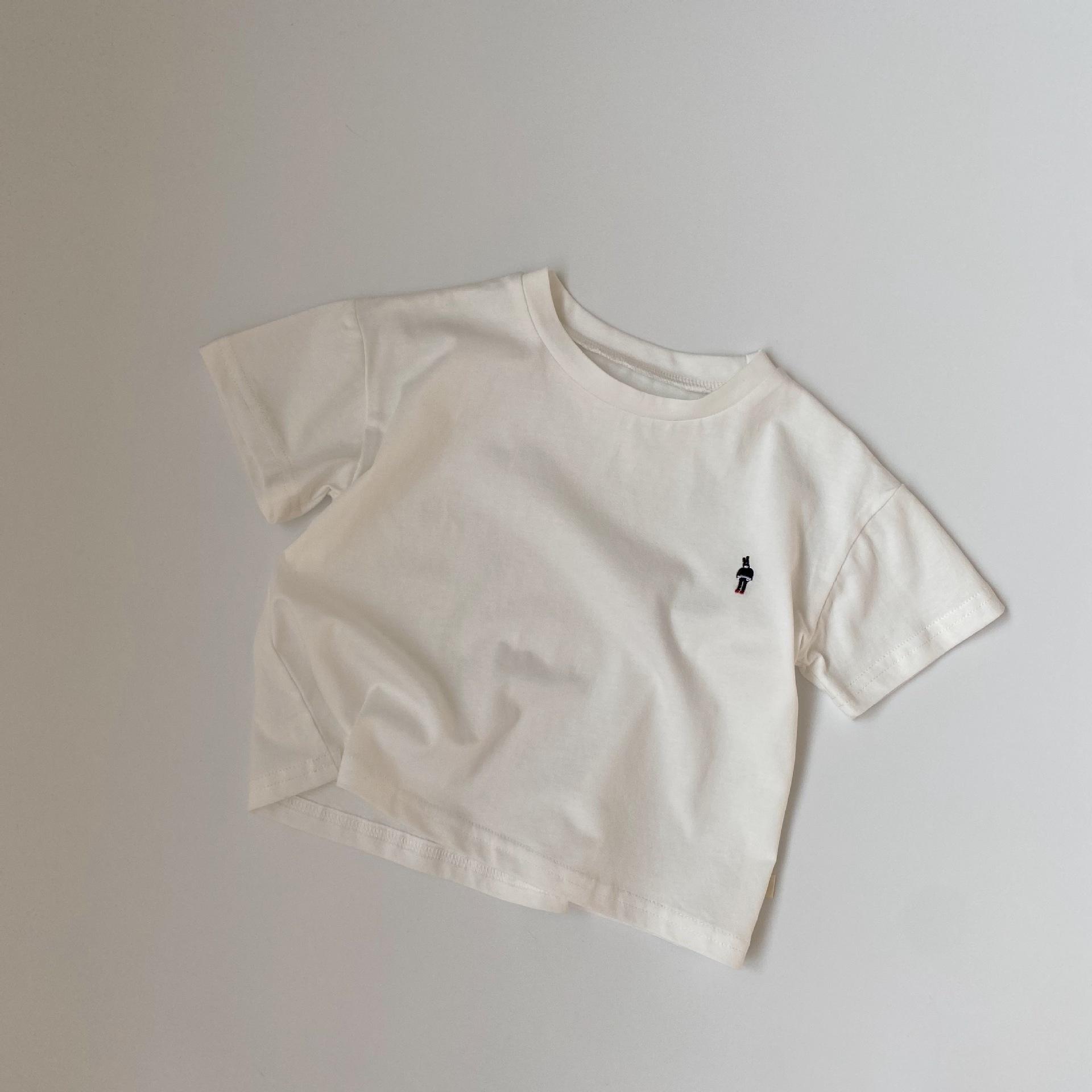 

GL-kids Корейская летняя детская футболка из льна и хлопка с вышитым логотипом и короткими рукавами 100cm