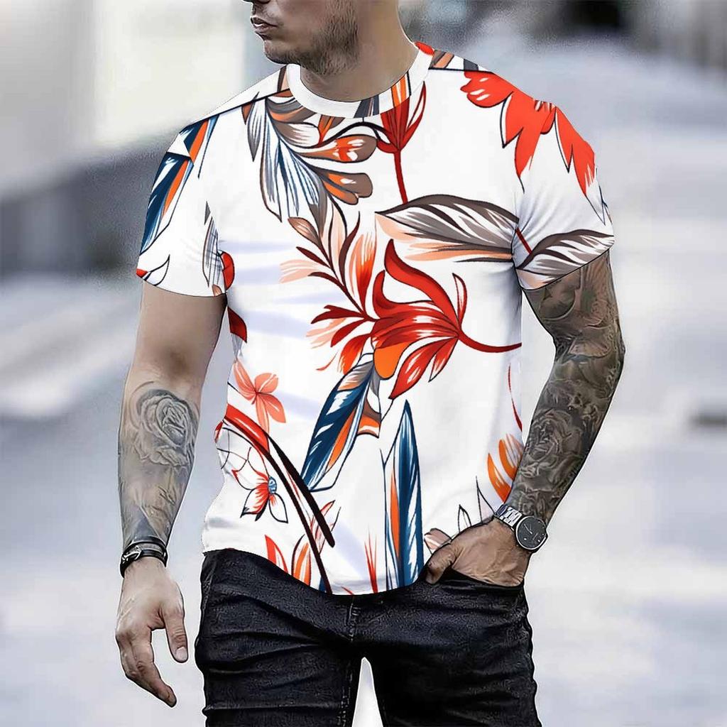 Women Short Sleeve Crew Neck T Shirt White Red Orange Blue Tropical Leaf Floral Print Top