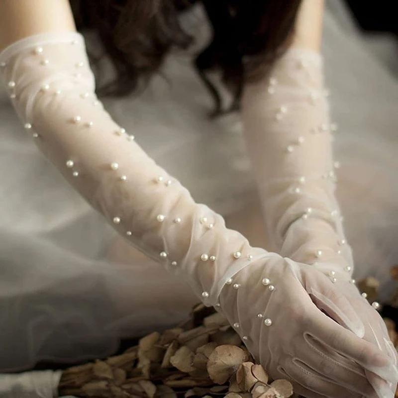 Pearl Mesh Bridal Wedding Dress Tulle Gloves Long Dinner Party Sheer Gloves Travel Pography Accessories