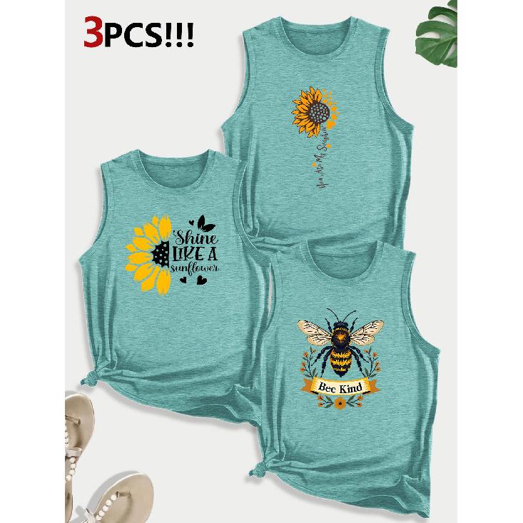 Sunflower and Bee Combination Gift Print Pattern Round Neck3Pack of Sleeveless Vests for Women In Spring, Summer, and Autumn