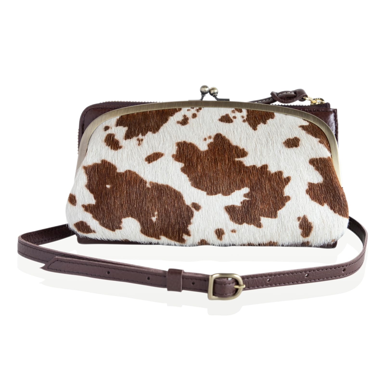

Wallet Shoulder Bag Clasp Ladies Genuine Leather Harako in Himeji Crossbody Smartphone Popochette Holstein Brown [artigianoworks] (Made Japan)
