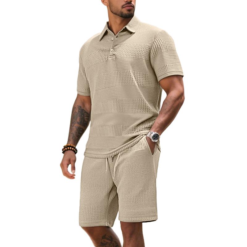 Men's Summer 2 Piece Outfit, Waffle Knit Polo Shirt and Elastic Waist Shorts, Casual Tracksuit for Beach Streetwear