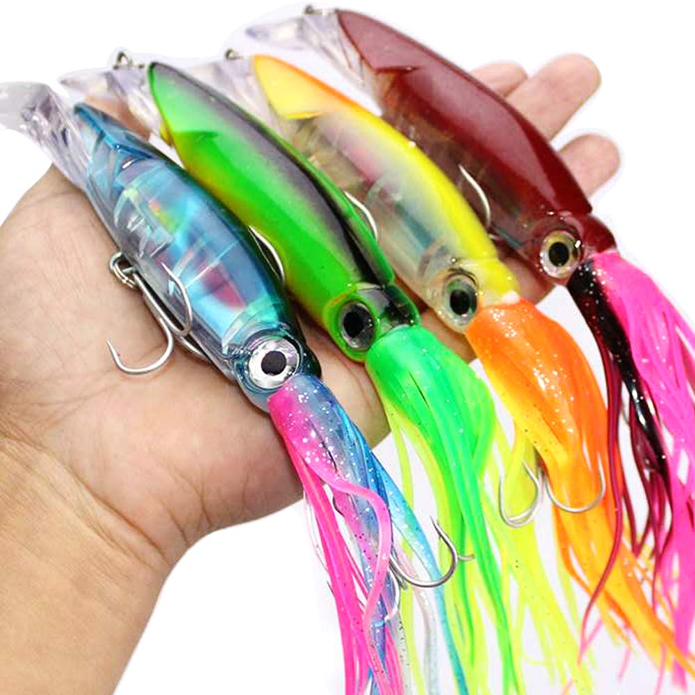 And Fishing Lure Hard Rod with Triple Floating Octopus Fishing Artificial Bait for Saltwater Marlin, Squid, Tuna, 6-color Set, 14cm, 40g, Hooks, Bait,