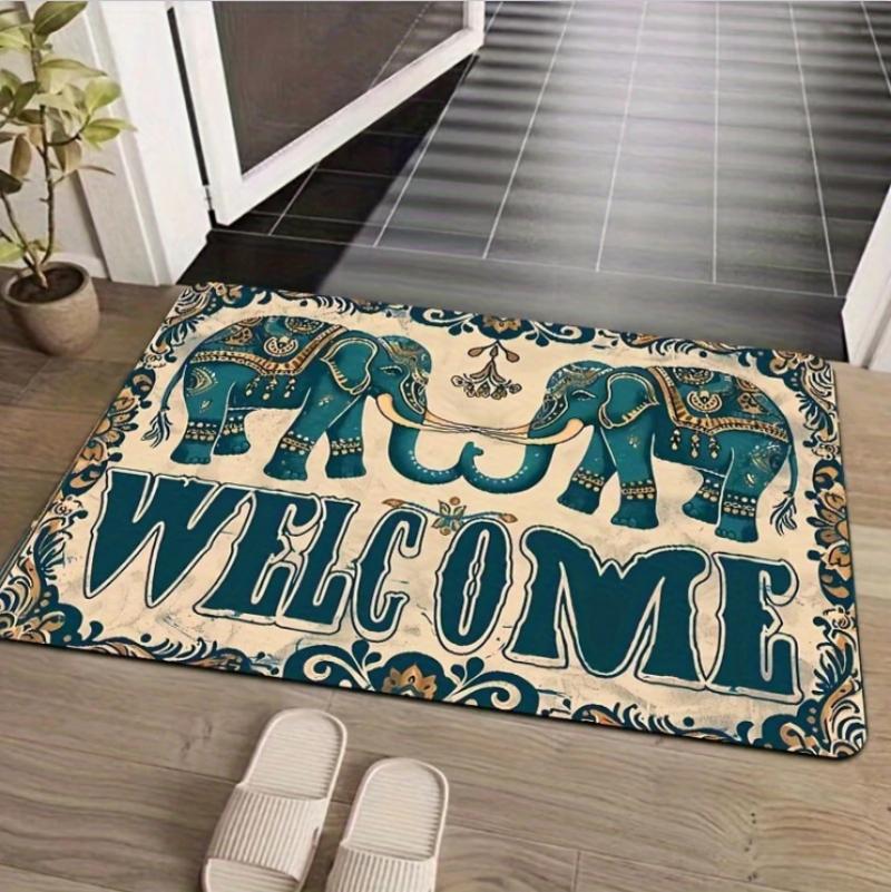 Boho Chic Elephant Print Floor Mat Distressed Look Door Mat for Home Entrance Indoor Hallway Garden, Patio, Balcony Carpet Decor
