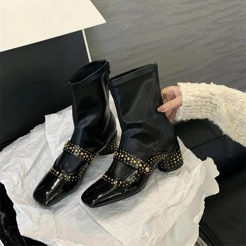 Fashion White Ankle Boots For Woman Rivet Square Toe Back Zipper Fall Shoes Fashion Chunky Heels Mary Jane Black Heel Boots 2025 Trend
