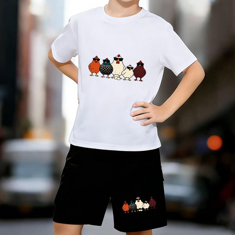 

Boys 2 Piece Cool Chicken Group Print outfit, Short Sleeve T-Shirt and Shorts Set for Kids Age 5-14,Black ,White Sporty Casual Summer Clothes 13-14 Years білий
