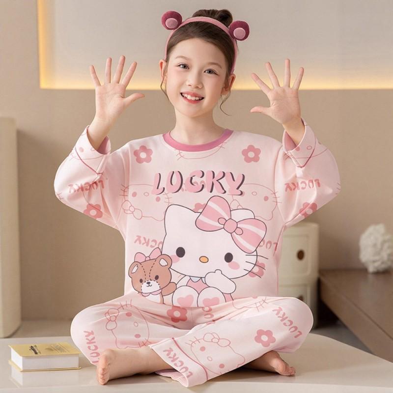 100% Cotton Girls Long Sleeve Pajamas Set Cartoon Print Round Neck Sleepwear Kids 8 Years