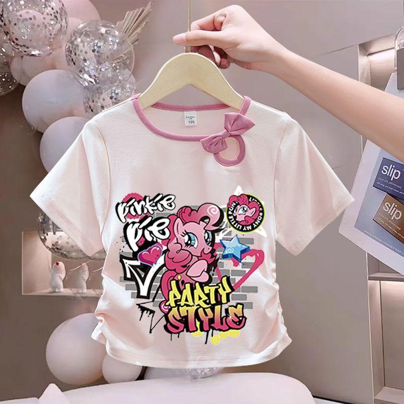 Girls' Fashionable Bow Tie Top for Summer, Children's Round-neck Short-sleeved Pure Cotton T-shirt