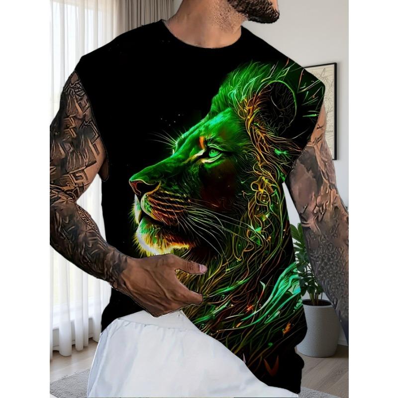New Prairie King Lion Men's Casual Round Neck Short Sleeve Vest - Stylish Printed Design for Spring And Summer - Plus Size Comfort And Breathability
