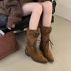 Retro Thick Heel Brown Suede Medium Tube Stacking Boots Women's 2025 New Temperament Thin Single Boots Thick-soled Western Boots