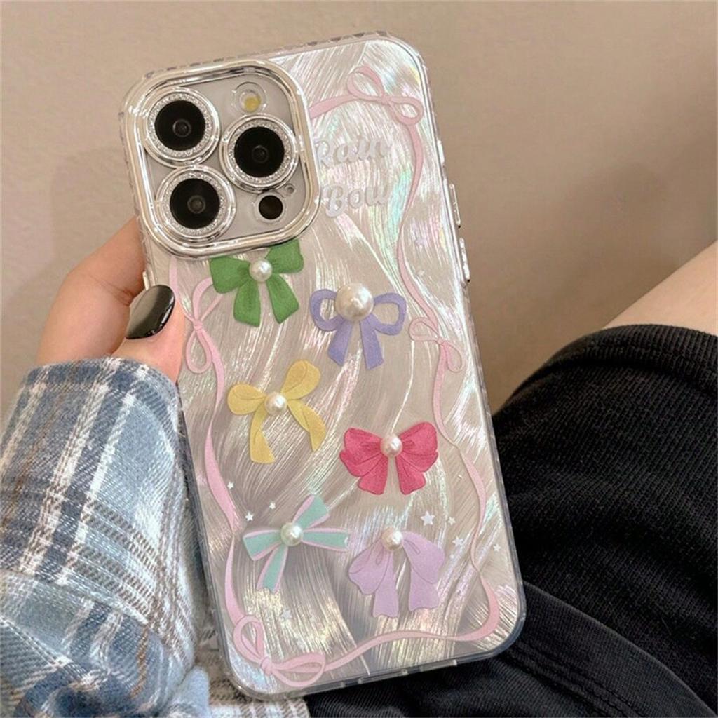 Federgarn Farbe Schleife 3D Perle Handyhülle Für iPhone15 14 13 12 11 Pro Max Niedliche Schleife Mädchen Handyhülle